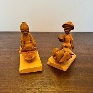Vintage 1982 Two African Wood Carvings Man Woman Hand Carved 3” Figures Folk Art